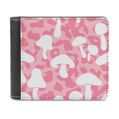 White Mushroom on Pink Leopard Soft PU Leather Bifold Wallet, Coin Purse Credit Pass Case, Durable Card-Holder Slim Billfold for Men Woman Money Storage