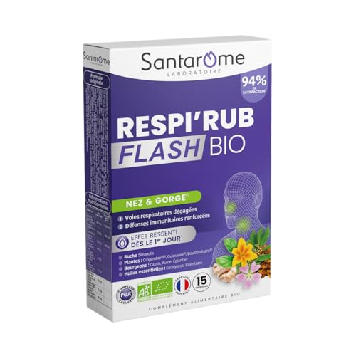 Santarome - Respi'Rub flash Bio - Complément alimentaire voies respiratoires et défenses immunitaires - Nez et gorge - 15 comprimés - Made In France