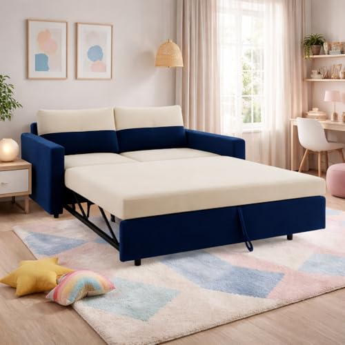 Image of SOCOZI Enrique 2-Seater Pull-Out Sofa Cum Bed | Soft Velvet Suede Fabric, Convertible Sofa Bed for Bedroom (Dark Blue-Cream)