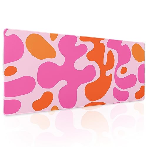 Pink Orange Cute Gaming Mouse Pad XL Kawani Preppy Abstract Modern Geographic Extended Large Desk Mat Mousepad Non-Slip Rubber Base Stitched Edge Long Desk Pad for Desktop Office PC,31.5×11.8 Inch