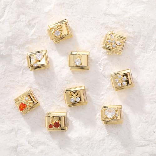 papasgix Italian Charm Bracelet Gold Set with Starter Brascelet, Assorted Diamond Animals Charms and Opening Tools, 9mm Modular Italian Charm Bracelet Links Handmade DIY Jewelry2