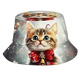 Christmas Cat Bucket Hats for Women Men, Merry Christmas Fisherman Hat Travel Beach Sun Hat Casual Caps Xmas Decoration