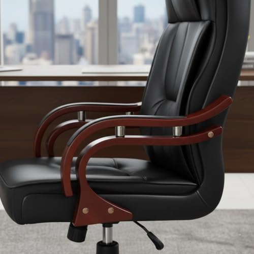 Image of Lakdi The Furniture High Back Director & Executive Chair for Office Made in Plyboard with Leatherette Upholstery & Mahogany Finished Armrests & Adjustable Features - 111011316 Black