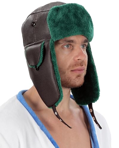 Kodervo Cousin Trapper Hat - Green Eddie Winter Hat from Christmas Vacation for Halloween Christmas Costume Faux Fur Hat with Ear Flap for Men Women Green Faux Fur Brown Leather