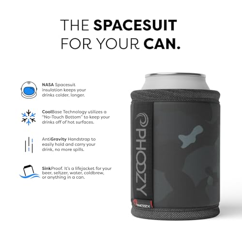 Image of PHOOZY Insulated Can Cooler for 12 oz Cans - Patented Drink Sleeve with NASA-Inspired Technology - Keeps Beer, Soda & Sparkling Water Cold Longer - Lightweight Outdoor Can Holder - Black Camo