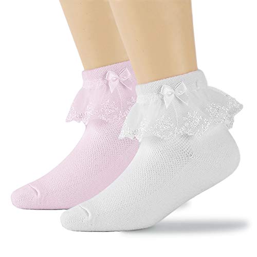DoMii Toddler Girl Ankle Socks Lace Eyelet Frilly Socks with Ruffles Bowknot Strawberry Print 2 Pack