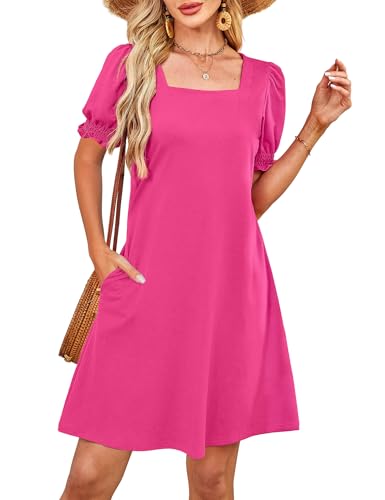 Image of RUMIA Summer Dresses for Women 2025 Casual Cute Square Neck Puff Short Sleeve Dress with Pockets