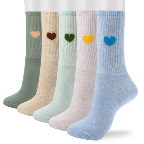 Image of Corlap Women's Cotton Crew Calf Socks - 5 Pairs Ankle High Dress Casual Socks, Fun Cute Heart Gifts for Mom Mother