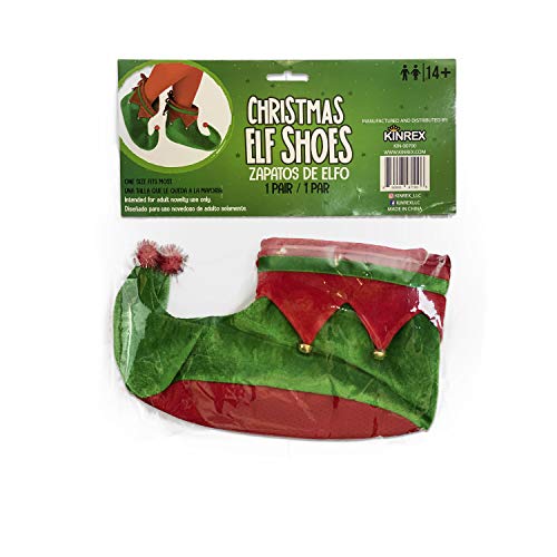 KINREX Christmas Elf Shoes Costume - Plush Elf Shoes for Kids and Adults - Green and Red - One Size Fits Most