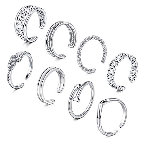 JFORYOU Open Toe Rings Set for Women 8 Pcs Silver Hypoallergenic Adjustable Heart Leaf Arrow Style Fingers Joint Tail Ring Band Sandals Foot Jewelry