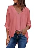 Dokotoo Ladies Summer Casual Office V Neck Chiffon Cuffed 3/4 Sleeve Solid Tunic Tops and Blouses...