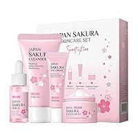 Hauttäglich Hautpflege Set für Teenager-Mädchen, Anti-aging Gesichtspflege Set, Japan Sakura Sanfte Haut Reinigung & Pflege Frauen Geschenkset inklusive Cleanser Serum Essence Augencreme (4 Stück)