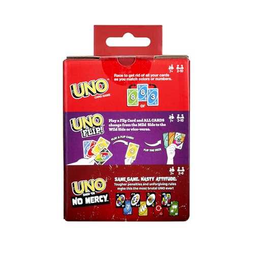 Image of ​Mattel Games UNO Greatest Hits Gift Pack with 3 Card Games, UNO, UNO Flip & UNO Show 'em No Mercy for Kids, Teens, Grown-Ups & Family Nights & Parties