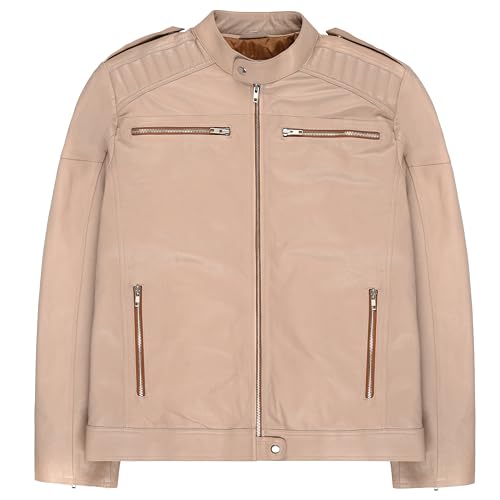 Men's Beige Leather Jacket | Slim Fit | Genuine Lambskin | Biker Style | Zip Pockets | Vintage Moto Fashion2