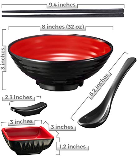 Unbreakable Ramen Bowl Set With Chopsticks And Spoon: 2 Large Japanese Style Melamine Ramen Bowls, Dipping Bowls And Chopstick Stands For Asian Pho Soup Thai Miso Udon Wonton (2 Bowl Set, Red-Black) #TOP1