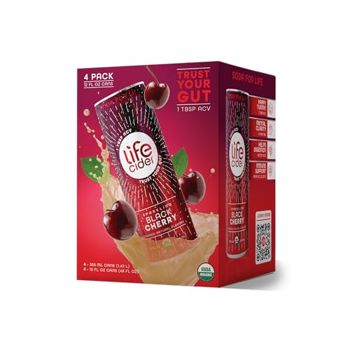 Life Cider Black Cherry Apple Cider Vinegar Soda, 4 Pack, Organic Sparkling AVC Drink, Natural Flavors, Promotes Gut Health, Vitamins C, B12, Zinc, D3