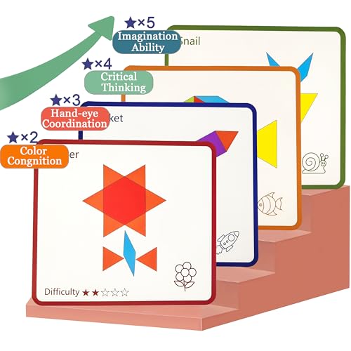 Image of Activities for Dementia Patients, 80 Pieces Wooden Tangrams Puzzle Game for Seniors, Colorful Shape Pattern Alzheimers Products for Elderly, Tile Matching Board Memory Cognitive Gifts
