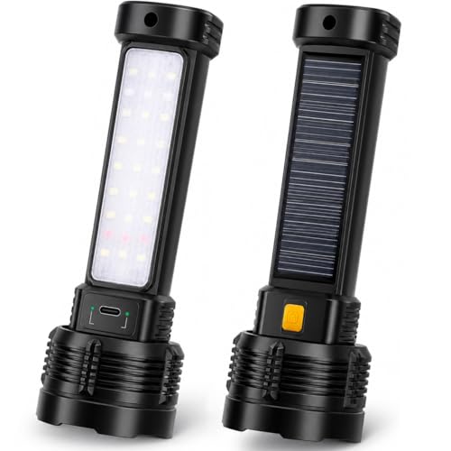 LED Rechargeable Solar Flashlight Super Bright High Lumens Flash Light 4 Modes with COB Side Light Step-Dimming USB-C & Solar Charging Perfect for Camping Hiking and Power Outages - 2 Pack