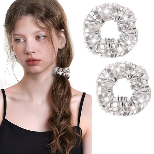 Image of Dalababa 2 Pcs Sequin Hair Scrunchies, Metallic Sparkly Disco Ponytail Holders, Shiny Elastic Hair Bobbles Ties Bands Accessories for Women Girls Retro Theme Party - Silver