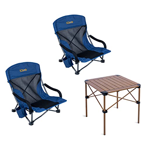 Iclimb 2 Low Wide Beach Chair And 1 Lightweight Stable Folding Square Table Bundle, For Adults Outdoor Beach Camping Glamping Concert #TOP6