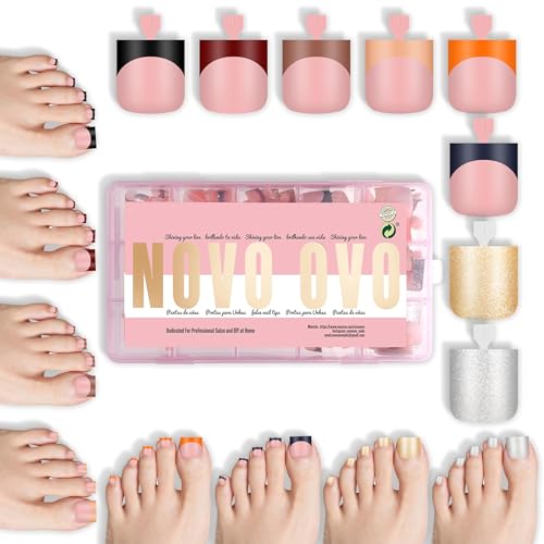 NOVO OVO Halloween Christmas Fall Autumn Colorful French Tip Toe Nail Tips Press on 8 MIXED WINTER COLOR, Sharp Square Toenail BABY PINK Toenail Extension, Full Cover Acrylic DIY x 15 Sizes 240 pcs
