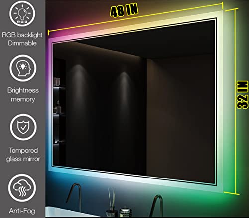 Okpal 48X32 Inch Rgb Led Bathroom Mirror With Backlit Light, Anti-Fog, Dimmable, Multicolor Light, Memory Function, Smart Touch, Shatterproof Glass, Bathroom Vanity Mirror Mounted For Wall #TOP1