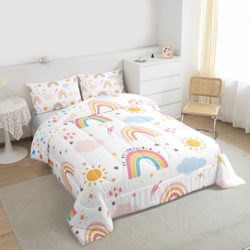 Image of Feelyou Kids Rainbow Comforter Set Full,Cute Boho Rainbow Girls Bedding Set Ultra Soft Sun and Stars Child Toddler Quilt Set Room Decor Lovely Rainbows Reversible Stars Duvet Set,Yellow Pink Blue