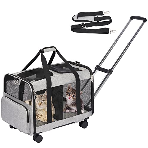 VOISTINO ペットキャリー キャスター付き 猫2匹 小型犬 キャリー カート3 WAY トロリーバッグ ペットキャリーケース 折りたたみ式 通気性 旅行 通院 散歩 防災 避難用 グレー
