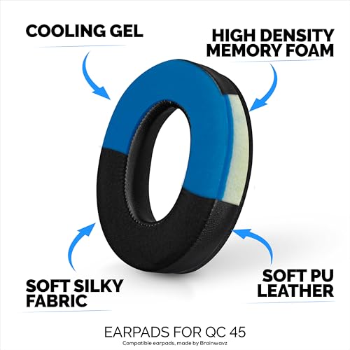 Almohadillas de repuesto híbridas para Bose QuietComfort 45 (QC45), gel suave, tela transpirable con cuero PU y espuma viscoelástica, comodidad extra, fácil instalación, por Brainwavz (Negro) miniatura 3