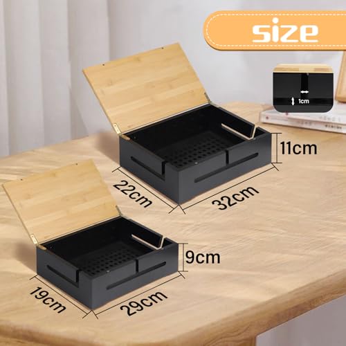 DBREAKS Kabelmanagement Box, 2 STK Kabelbox aus Holz, Kabel-Organisationsbox mit magnetischem Bambus-Deckel und Kabelbindern, Wandmontierbare Kabelbox, Kabelkasten für Cable Organizer (Schwarz)