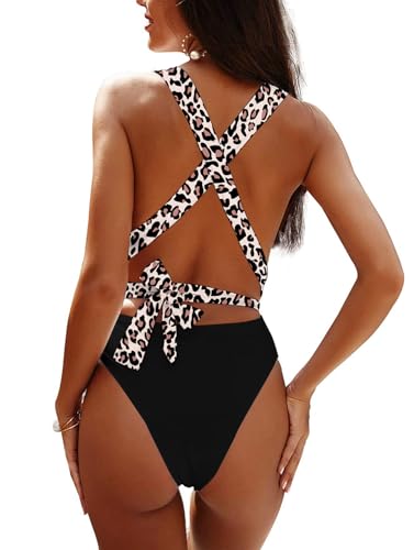 Image of Lilosy Sexy Tie Criss Cross Plunge One Piece Thong Swimsuit High Cut Brazilian Bathing Suit