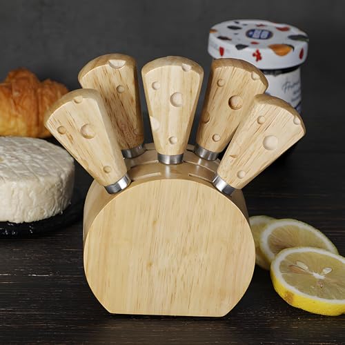 yekulanyue Cheese Knife Set with Wooden Stand, 5pcs Stainless Steel Knives, Wooden Handles with Swiss Cheese Design - Image 5