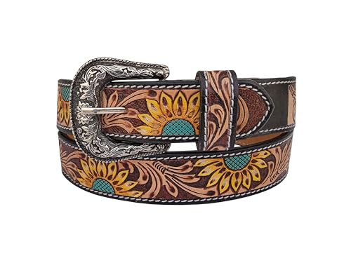 Western Belt for Young Adults Sunflower Tooled Hand Finished Genuine Leather Girls, Boys Small Women/Men 40IS0042