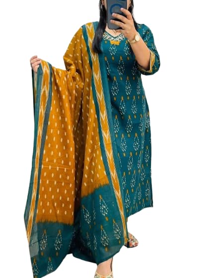 krisjan |Women's Pure Cotton Printed with Handwork Kurta with Pants and Dupatta Set | Ethnic Set | Suit Set | Kurta Set-picture-15