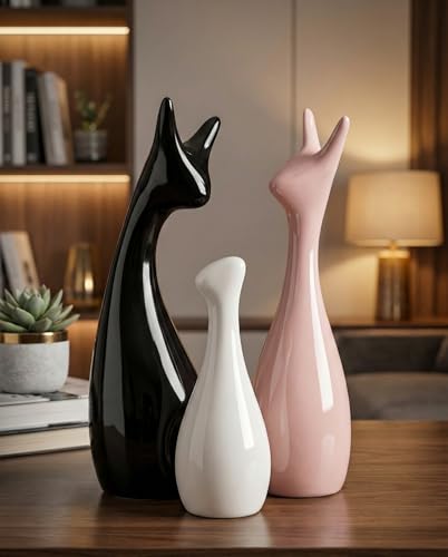Image of Home Decor Lucky Deer Family Ceramic Figures Set of 3 | Matte Finish Decorative Showpieces for Living Room Office Dining Table | Elegant Gift Decor Items (Black, Pink, White)