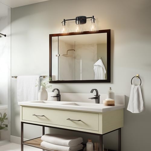 Image of GLOBE Electric 63000062 5-Piece All-in-One Bathroom Set, Matte Black & Brass, 3-Light Vanity Light, Seeded Glass, Towel Bar, Toilet Paper Holder, Towel Ring, Robe Hook, Bathroom Lights Over Mirror