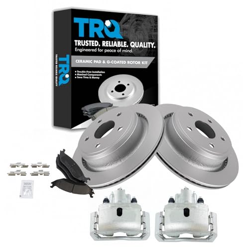 Image of TRQ Rear Brake Pad, Caliper, & Rotor Kit Ceramic Premium G-Coated Compatible with 2007-2009 Chrysler Aspen 2005-2009 Dodge Durango 2002-2010 Ram 1500 2011-2018 Ram 1500