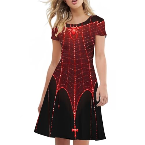 Image of POLERO Women Puffy Swing Elegant Party Midi Dresses Short Sleeve Round Neck A-Line Dress