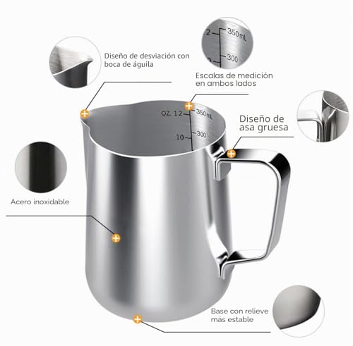 Miniatura 4 de Srxwo Jarra De Acero Inoxidable, 350 Ml De Crema De Café De Mano, Para Espuma De Leche, Jarra Con Marca De Medición Y Bolígrafo Latte Art, Perfectas Para Barista, Capuchino