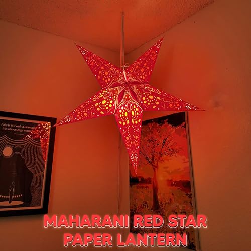 Image of GalaxyArts Paper Star Lantern, 24-Inch Maharani Red, 3D 5-Point Hanging Light Up Lamp for Christmas, Diwali, Weddings, Parties, Birthday, Handmade Foldable Indoor Outdoor Ceiling Decoration