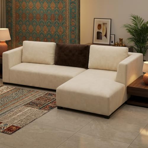 Image of FURNY Olympus 4 Seater RHS L Shape Sofa Set | Plush Velvet Suede Fabric | Modern Design | Soft Comfort Dual Color Cushions for Living Room, Office & Hotels (Cream-Dark Brown)