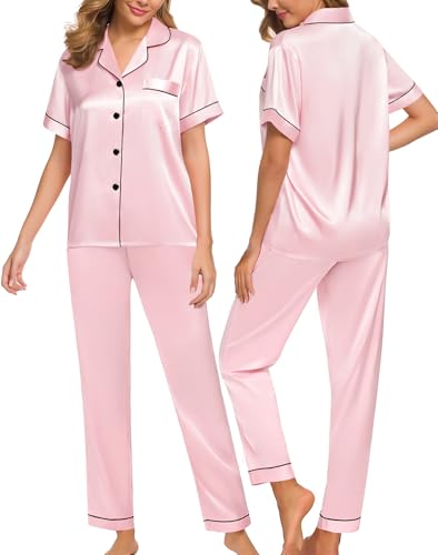 Image of SWOMOG Women Satin Pajamas Set Short Sleeve Top & Pants Sleepwear Silky Button Down Nightwear 2pcs Loungewear Pjs Set
