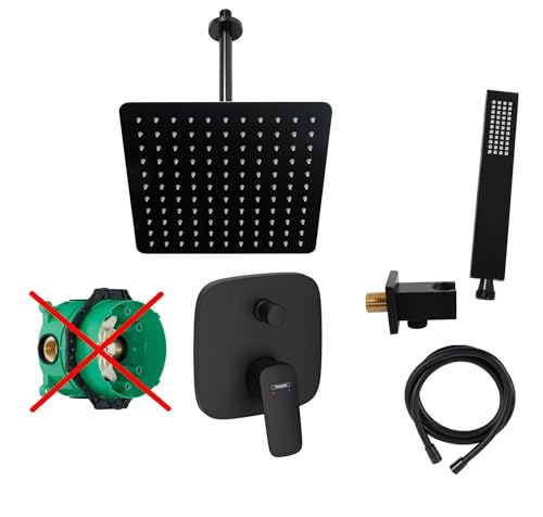 vanvilla Duschsystem mit Unterputz Duscharmatur von Hansgrohe Einhebelmischer und vanvilla Regendusche mit Armatur, Duschkopf eckig, Dusch-SET HGS52-ob schwarz matt beschichtet