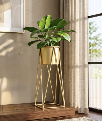 Image of LIBAN Modern, Stylish Metal Planter with Stand for Indoor & Outdoor Plants | Tall Plant Pot for Living Room, Balcony, Garden | Decorative Floor Flower Pot (Set of 1) (Gold)
