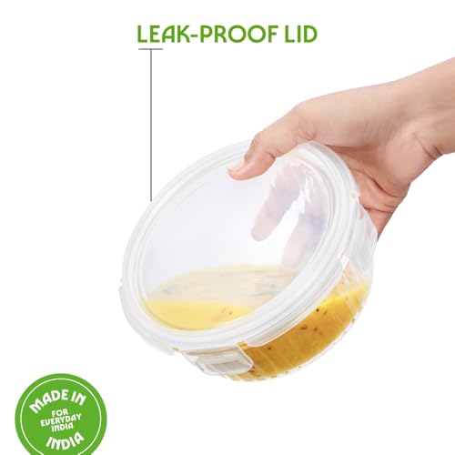Image of Borosil 400 ml Fluted Klip N Store Round Food Storage Container with Air Tight Glass Lid | Borosilicate Glass Container for Lunchbox | Microwave & Dishwasher Safe | Transparent