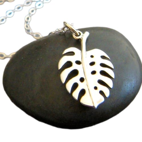 LKBEADS 925 sterling silver tropical leaf necklace small monstera palm charm vacation simple plant nature pendant everyday dainty jewelry gift her| with 18 inch chain |silver plated |LK_PNK_02914