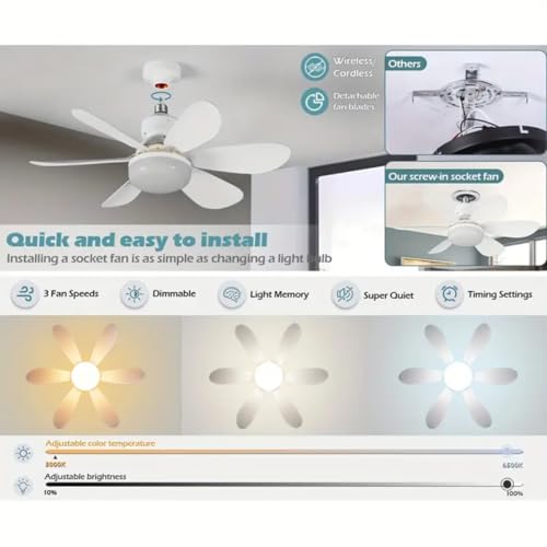 Ventilador de Teto Inteligente com Lâmpada LED E27 40W, Silencioso e Controle Remoto Bivolt 110/220