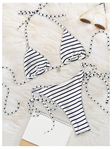 Women's 2 Piece Striped Bathing Suit Halter Triangle Tie Side Bikini Sets Vacation Summer Swimsuit2