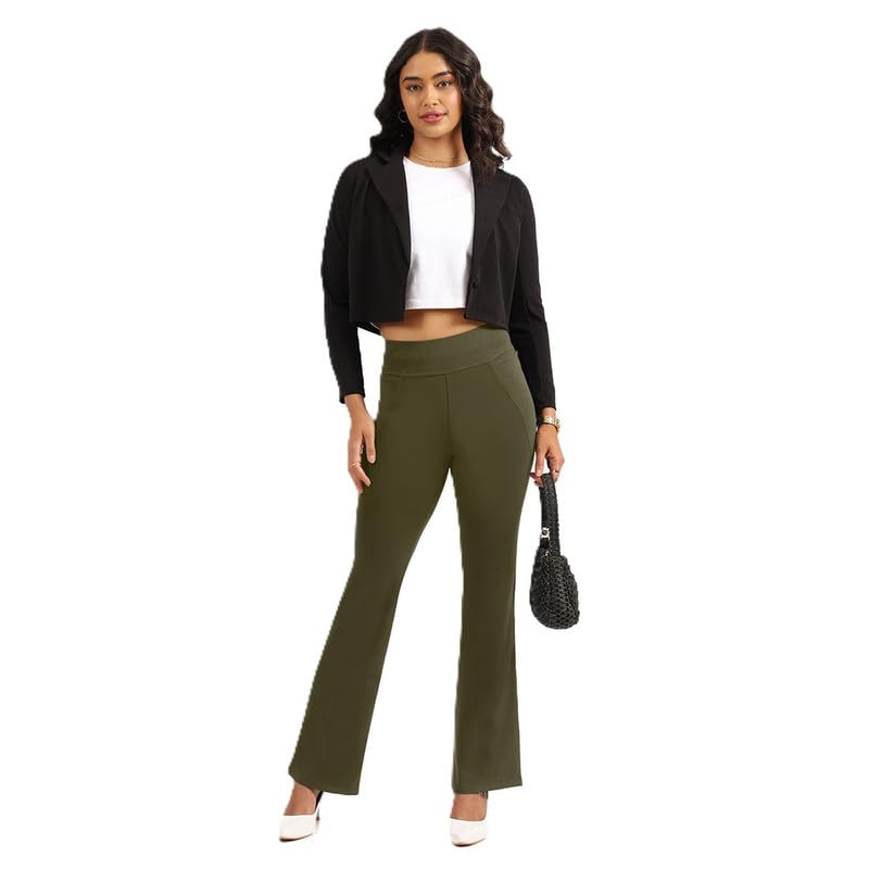 Image of Blissclub AM:PM Cotton Flare Pants for Women Above 5'5 ft Tall | Wide Waistband, 4 Pockets | Bell Bottom Pants and high Waist Trousers for Office wear
