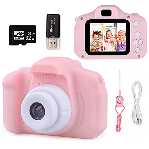 Kids Digital Camera Toys for Girls Age 3-9, Toddler Cameras Mini Pink Cartoon Electronic Video Child Camcorder Included 32GB Memory Card Childrens Education Toy Gift for 3 4 5 6 7 8 9 10 Years Old